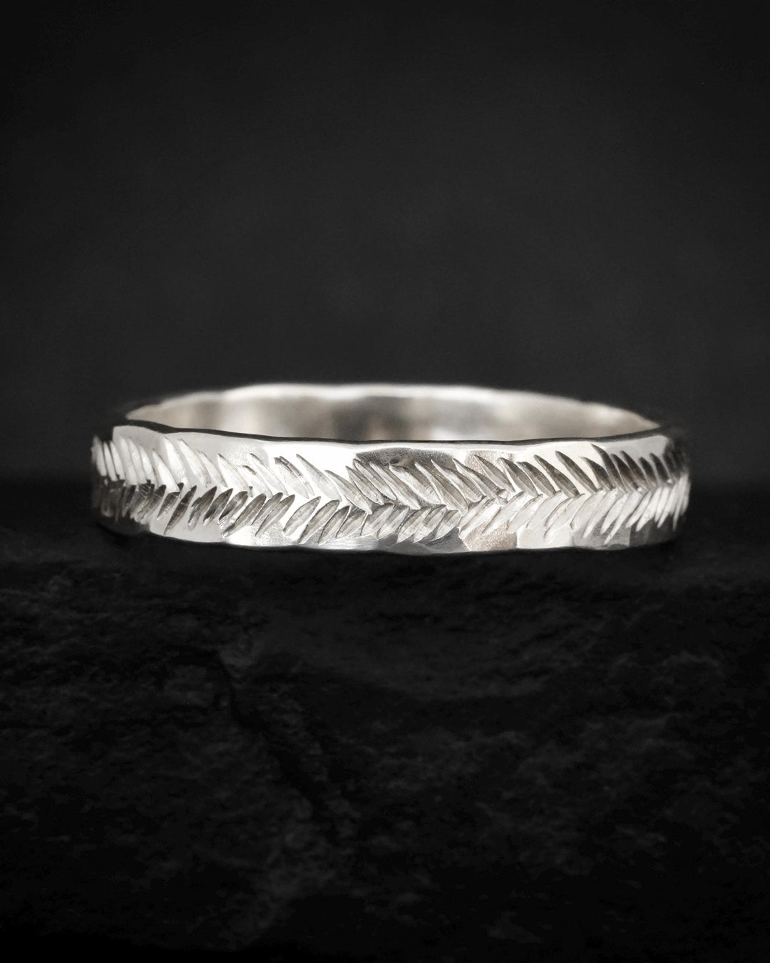 3mm Silver Feather Textured Band. Solid Gold or Silver Hand Engraved Organic Alternative Wedding Promise Everyday Ring