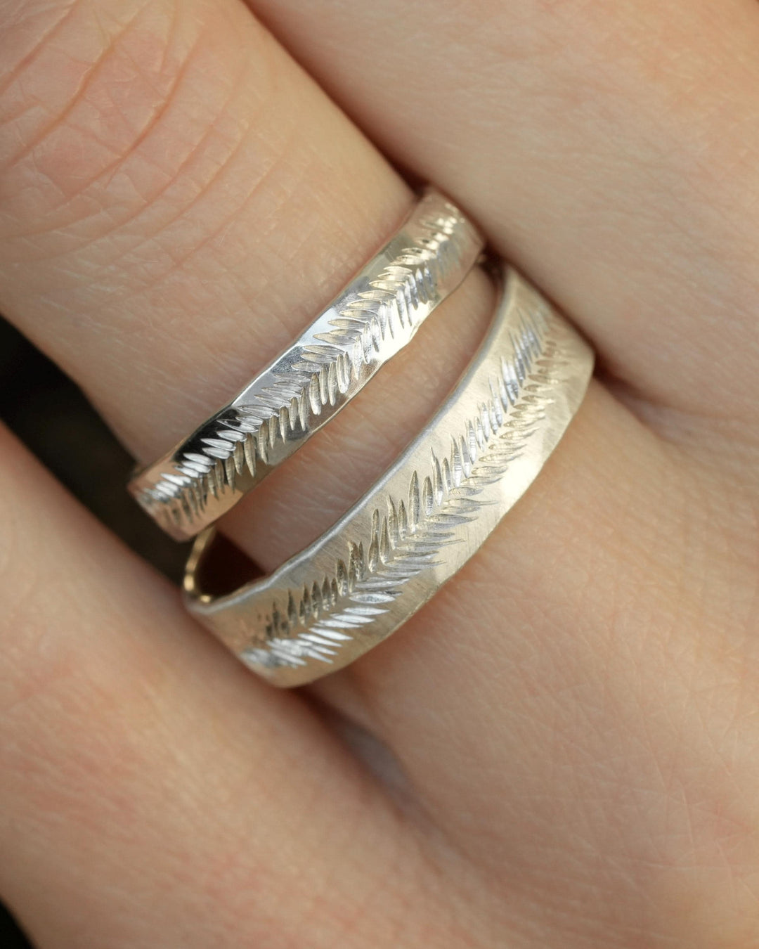 5mm Silver Feather Textured Band. Solid Gold or Silver Hand Engraved Organic Alternative Wedding Promise Everyday Ring