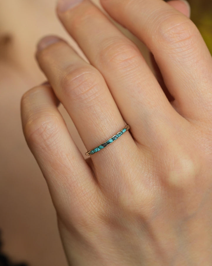 Skinny Raw Turquoise Band. Rustic Solid Gold or Silver Uncut Turquoise Alternative Slim Dainty Stacking Wedding Ring
