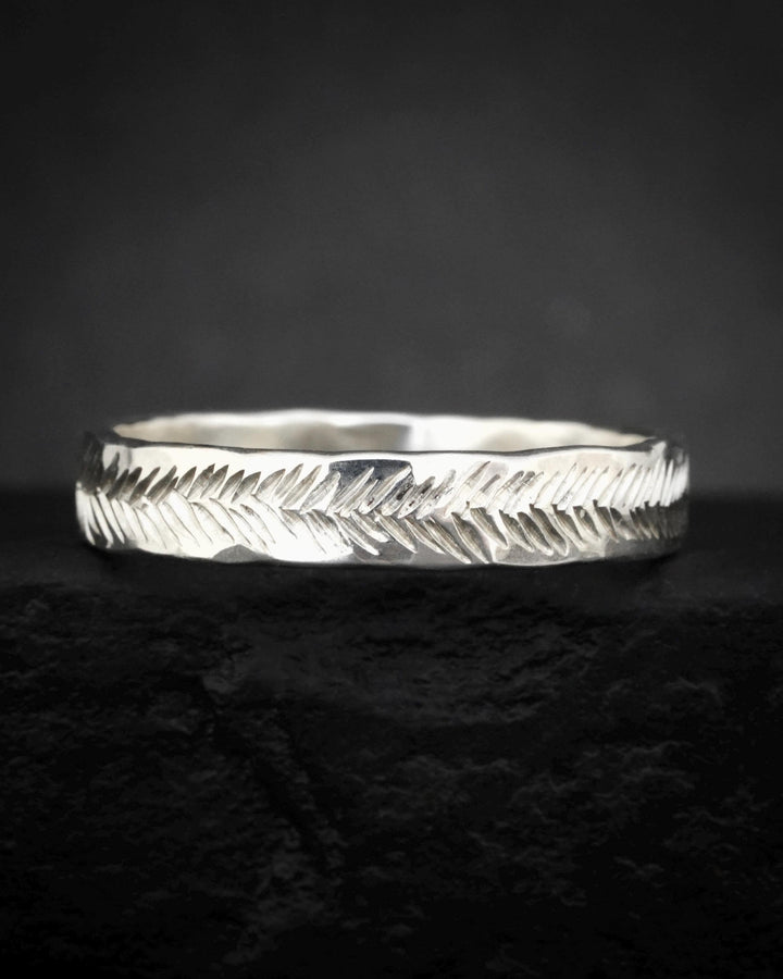 3mm Silver Feather Textured Band. Solid Gold or Silver Hand Engraved Organic Alternative Wedding Promise Everyday Ring