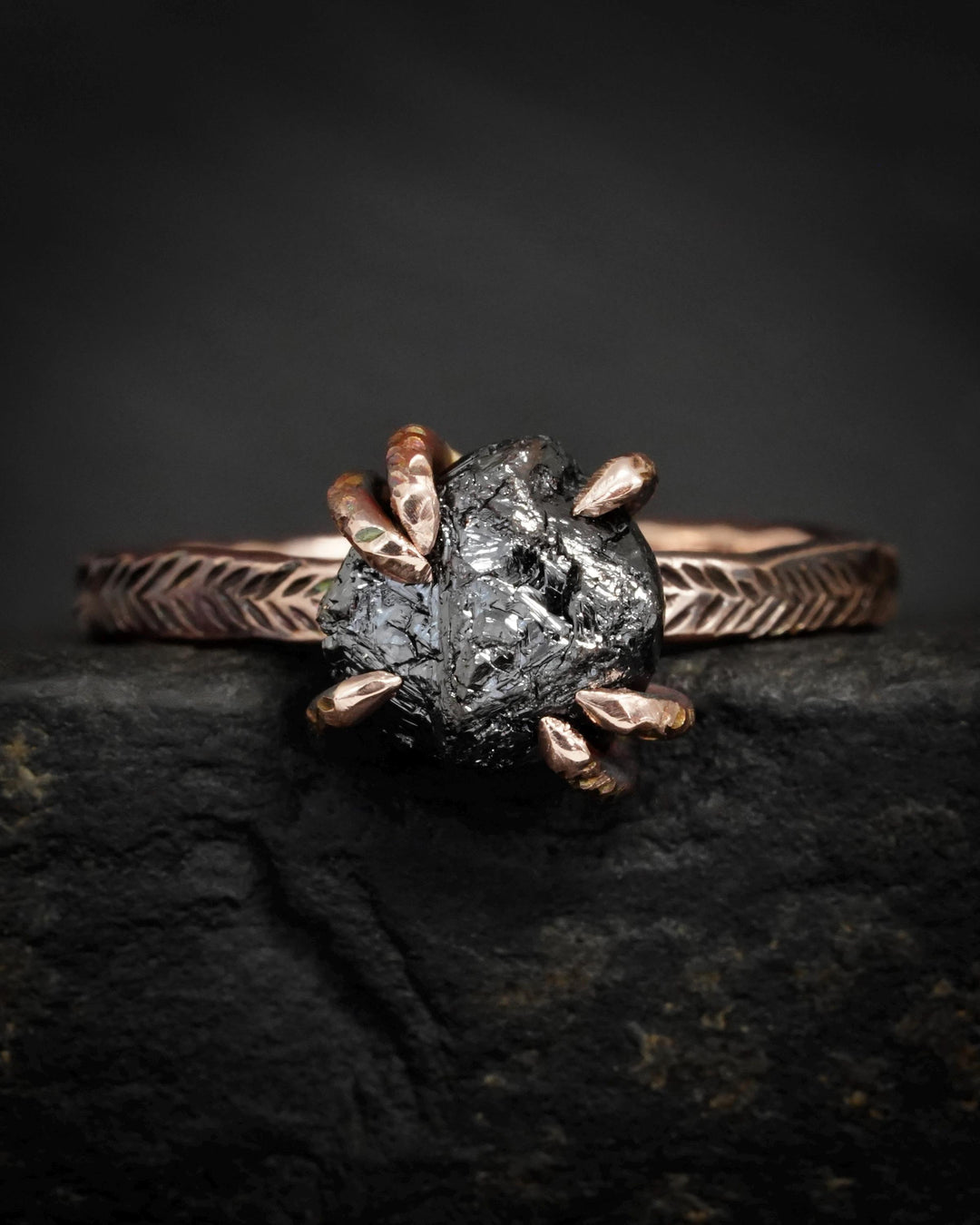Raw Black Diamond Engagement Ring Set in Solid Gold or Sterling Silver