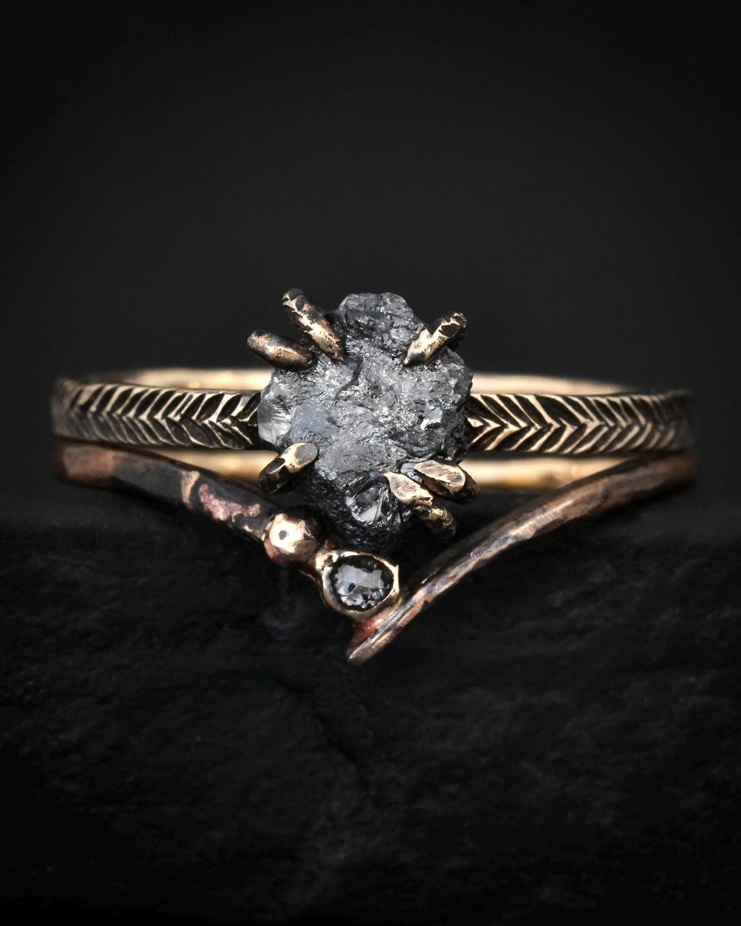Raw Black Diamond Engagement Ring Set in Solid Gold or Sterling Silver