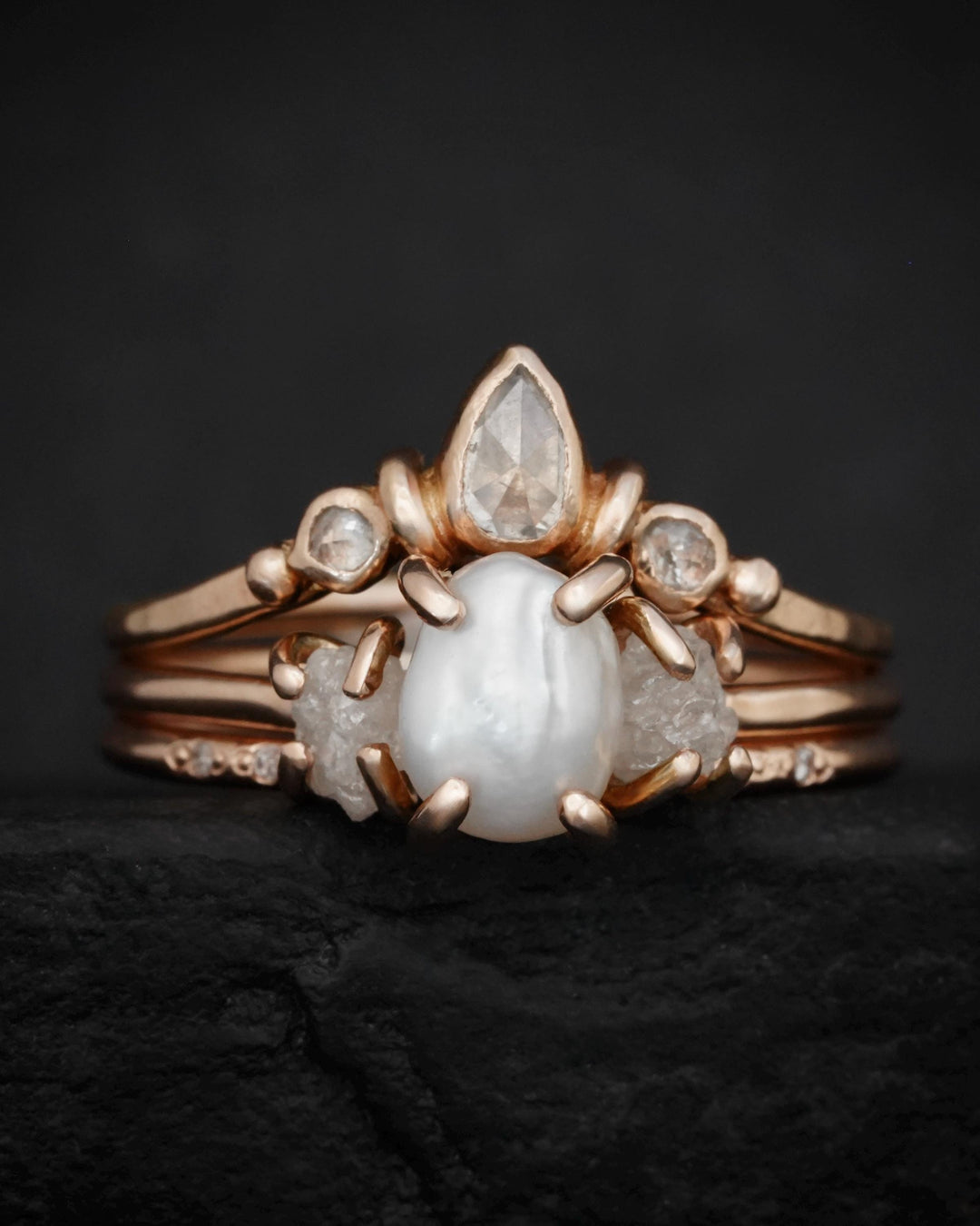 Pearl and Raw Diamond Wedding Ring Set