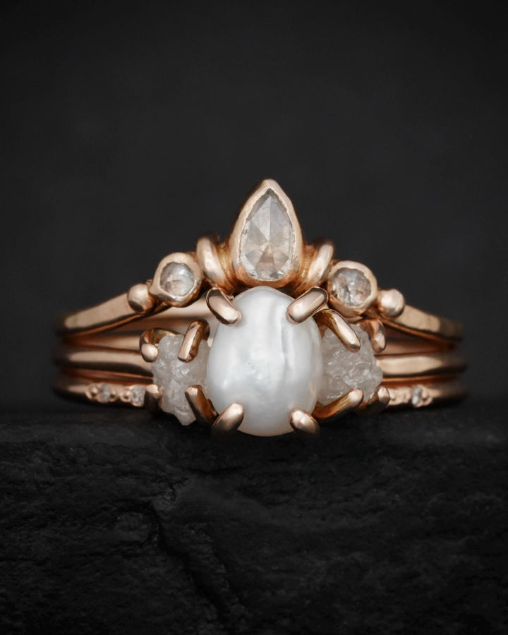 Pearl and Raw Diamond Wedding Ring Set