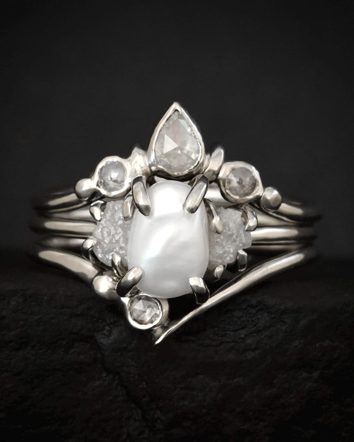 Pearl and Raw Diamond Wedding Ring Set