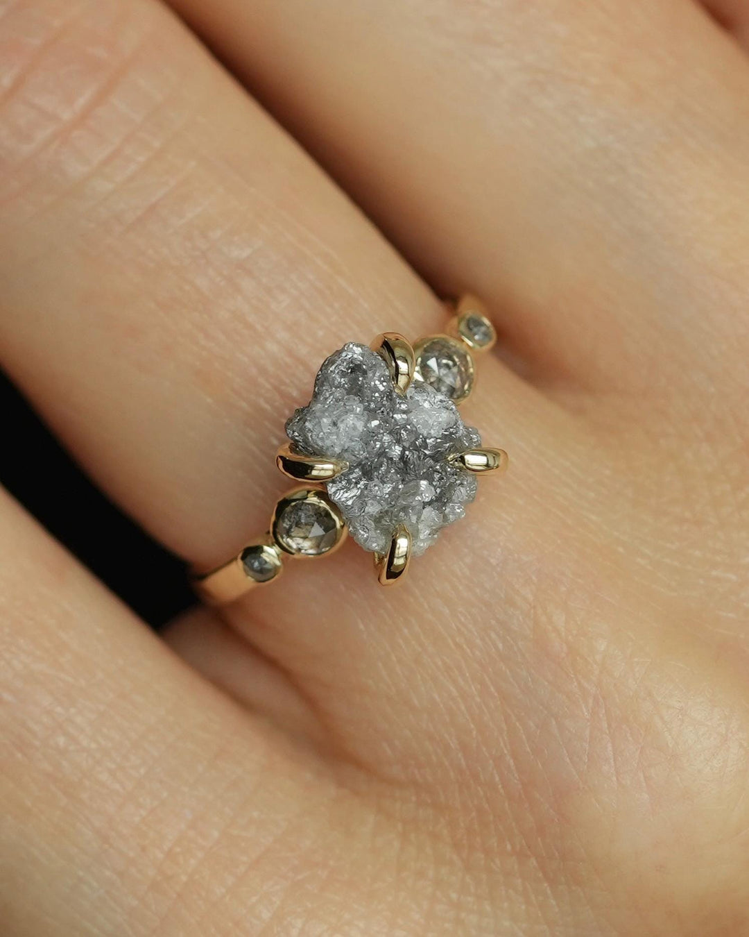 Gold Raw and Cut 5 Grey Diamond Engagement Ring