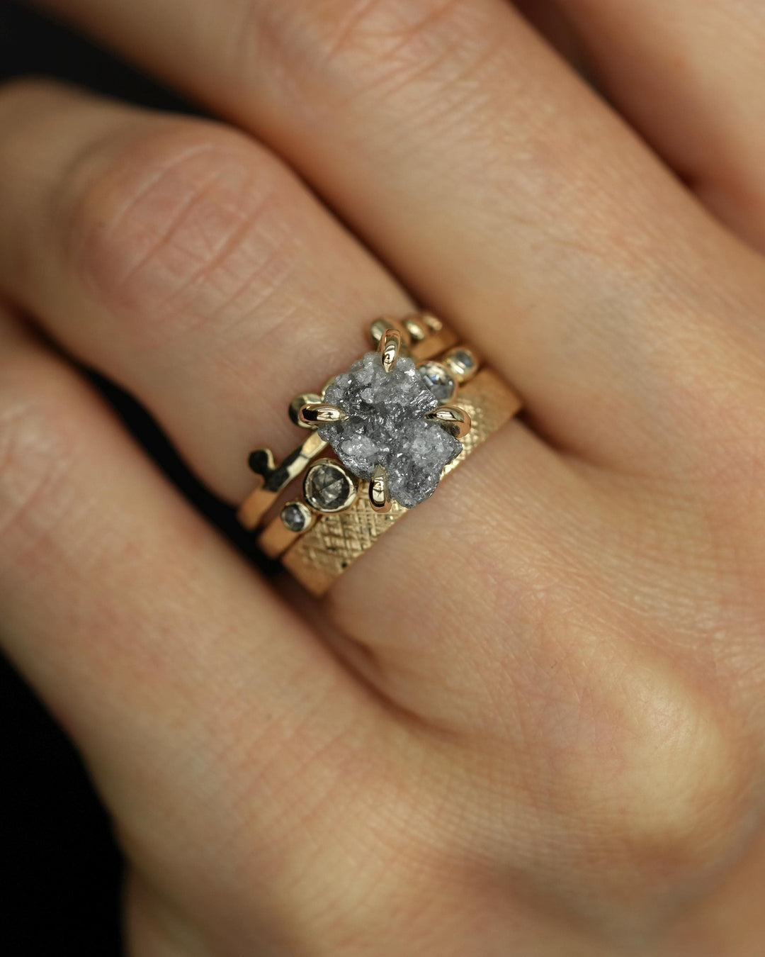 Gold Raw and Cut 5 Grey Diamond Engagement Ring