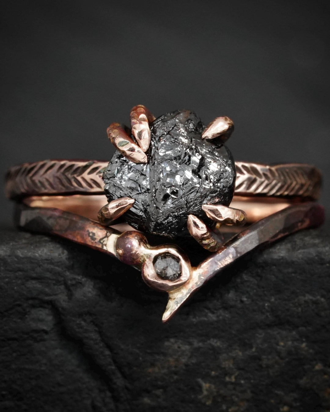 Raw Black Diamond Engagement Ring Set in Solid Gold or Sterling Silver