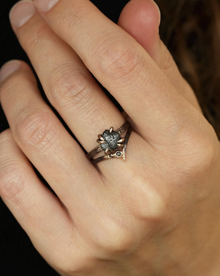 Raw Black Diamond Engagement Ring Set in Solid Gold or Sterling Silver