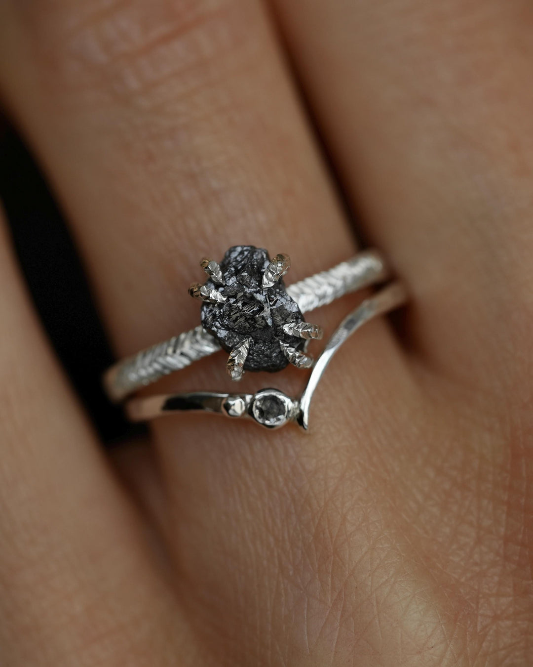 Black Silver Raw Black Diamond Ring Set