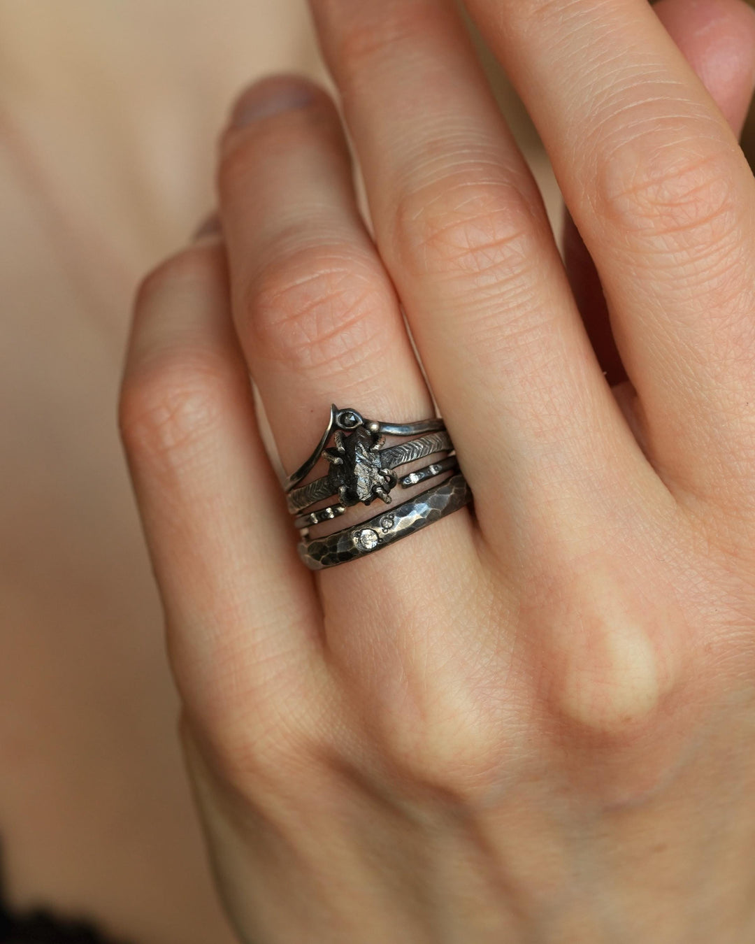 Raw Black Diamond Engagement Ring Set in Solid Gold or Sterling Silver