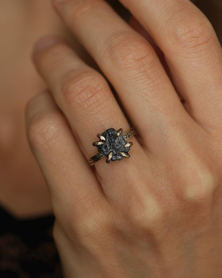 Certified Raw Black Diamond Gold Ring