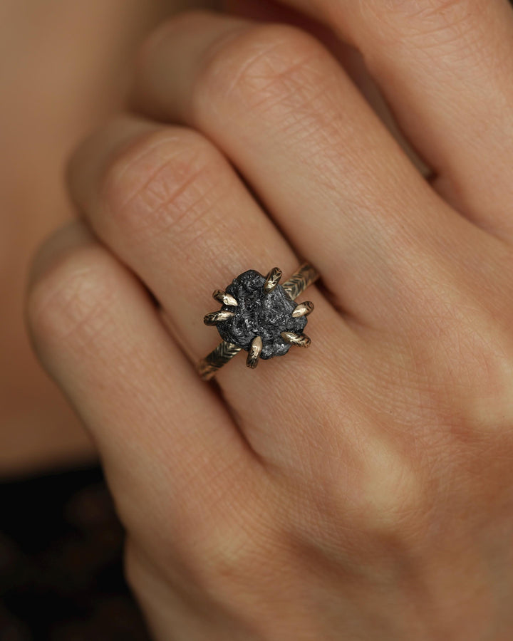 Certified Raw Black Diamond Gold Ring