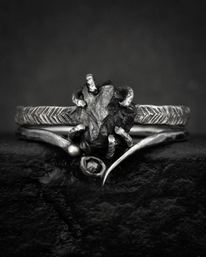Raw Black Diamond Engagement Ring Set in Solid Gold or Sterling Silver