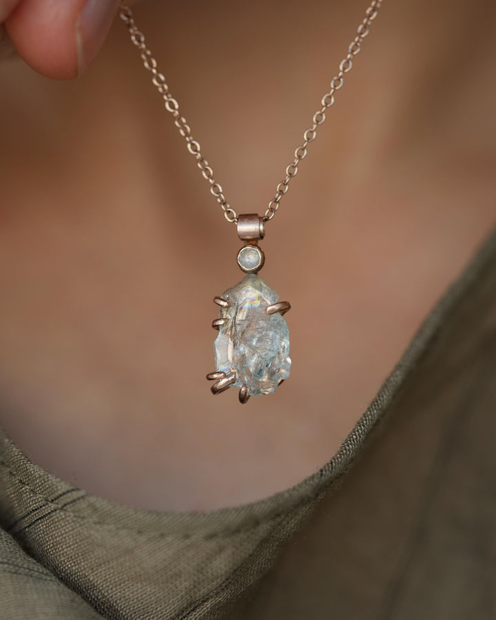 Raw Aquamarine Crystal and Diamond Necklace