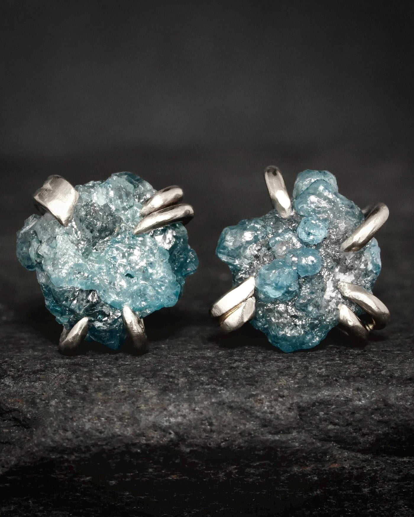White Gold Raw Blue Diamond Studs