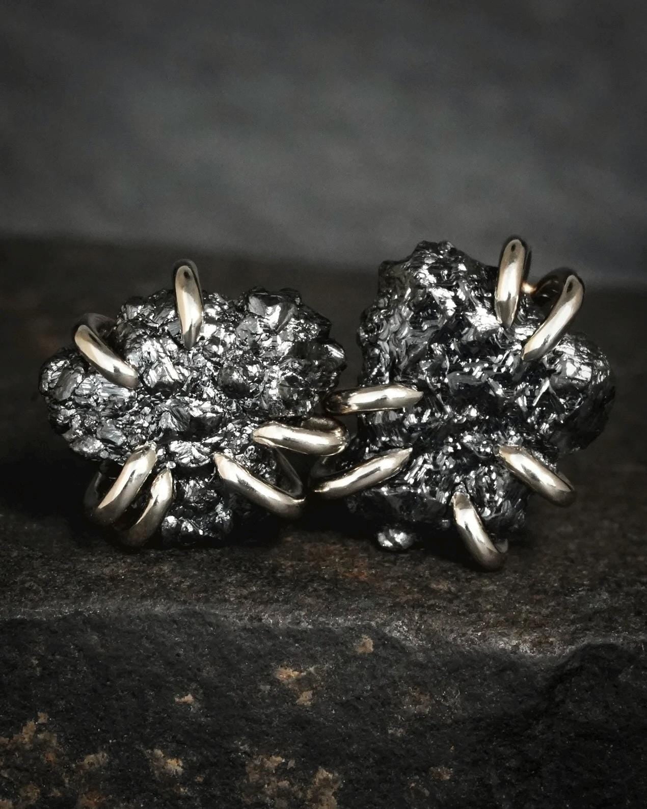 White Gold Raw Black Diamond Studs