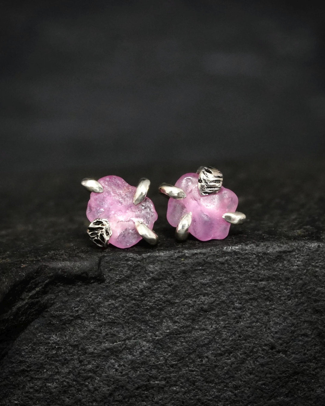 Raw Bright Pink Sapphire Stud Earrings