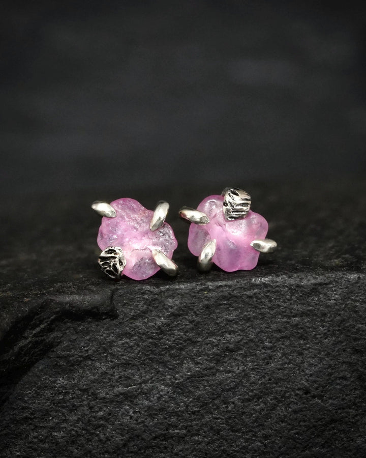 Raw Bright Pink Sapphire Stud Earrings