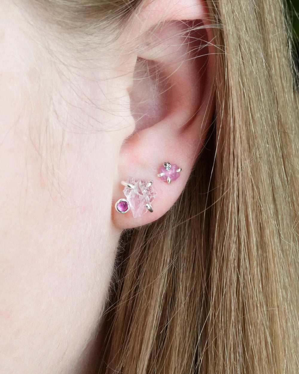Raw Bright Pink Sapphire Stud Earrings