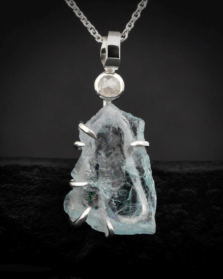 Raw Aquamarine Crystal and Diamond Necklace