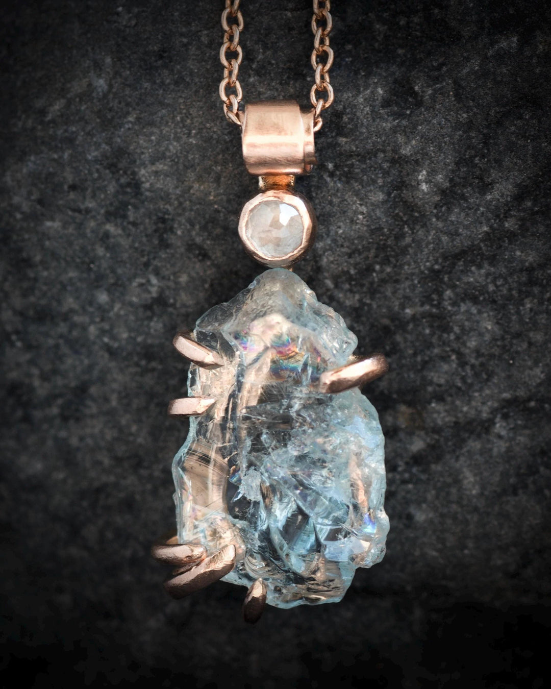 Raw Aquamarine Crystal and Diamond Necklace