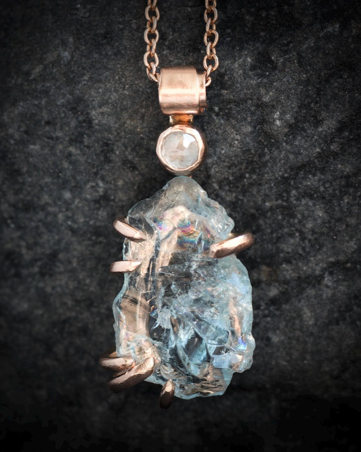 Raw Aquamarine Crystal and Diamond Necklace
