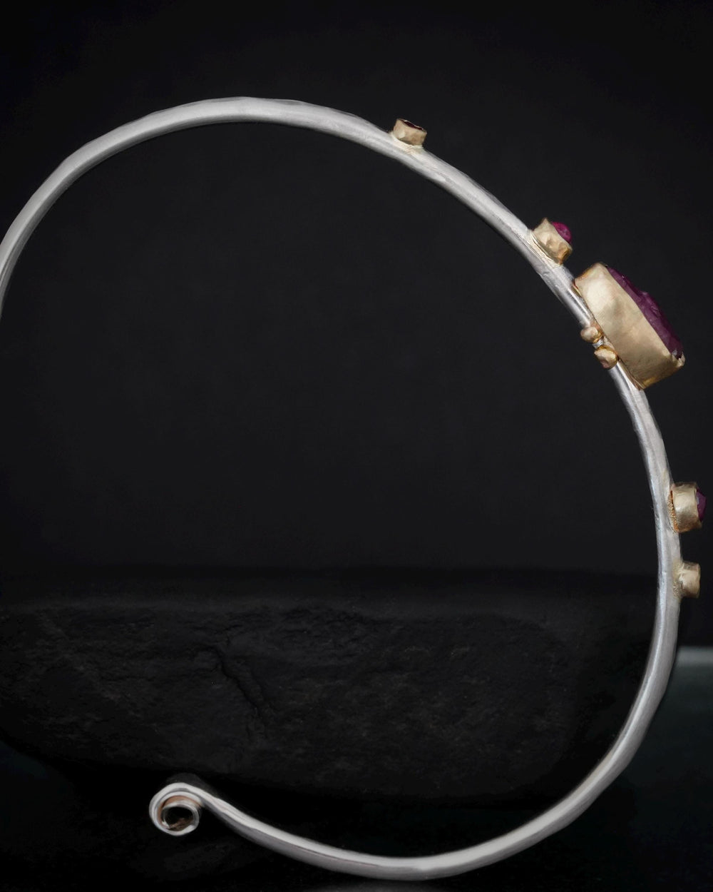 Hammered Silver and Gold Raw Ruby Cuff Bracelet. Solid Sterling Silver Cuff and 14k Gold Bezel Set Natural Uncut and Round Cut Ruby Bangle