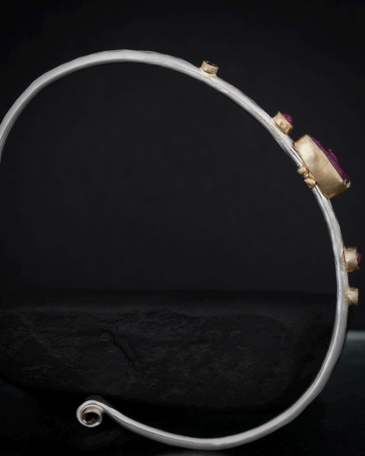 Hammered Silver and Gold Raw Ruby Cuff Bracelet. Solid Sterling Silver Cuff and 14k Gold Bezel Set Natural Uncut and Round Cut Ruby Bangle