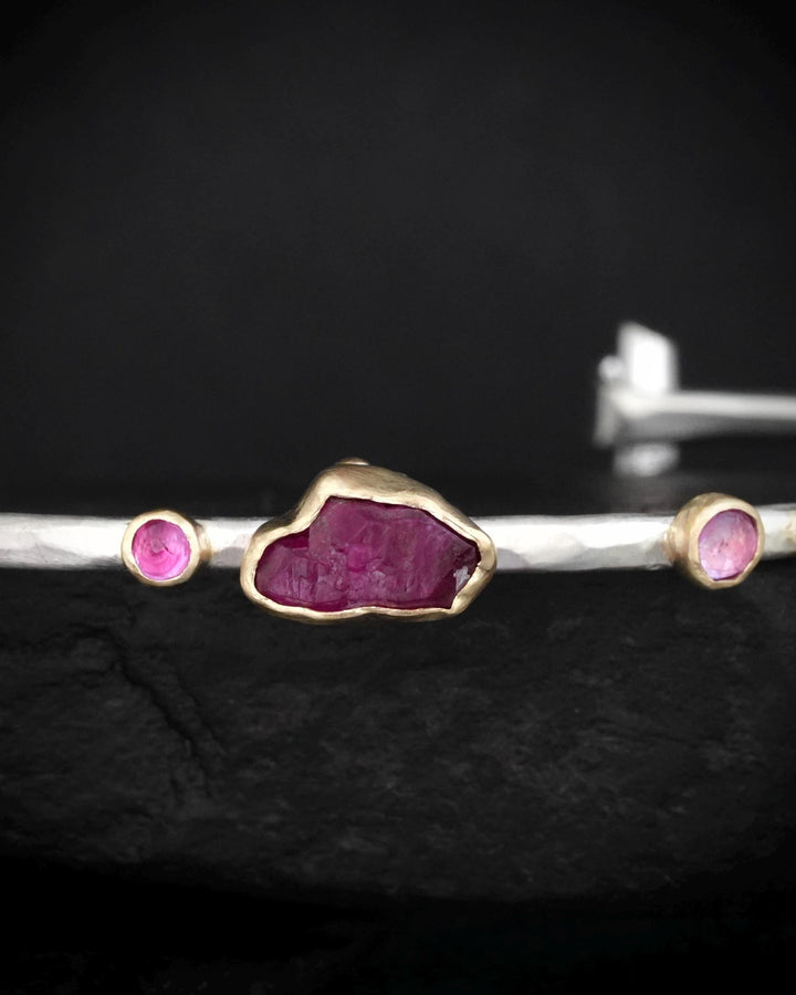 Hammered Silver and Gold Raw Ruby Cuff Bracelet. Solid Sterling Silver Cuff and 14k Gold Bezel Set Natural Uncut and Round Cut Ruby Bangle