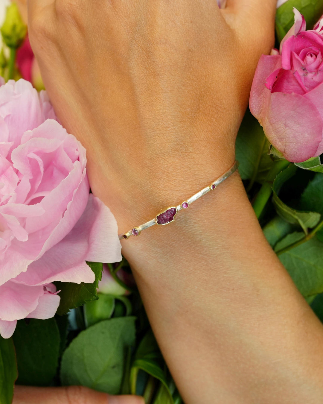 Hammered Silver and Gold Raw Ruby Cuff Bracelet. Solid Sterling Silver Cuff and 14k Gold Bezel Set Natural Uncut and Round Cut Ruby Bangle