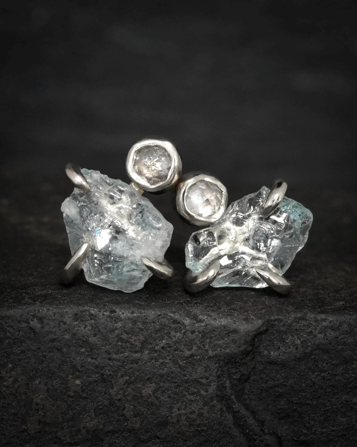 Raw Aquamarine and White Diamond Studs