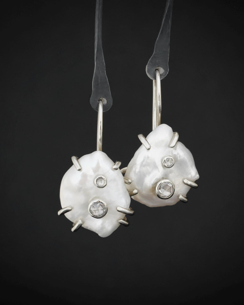White Pearl and Clear Diamond Dangling Earrings