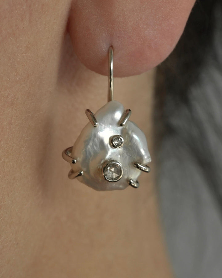 White Pearl and Clear Diamond Dangling Earrings