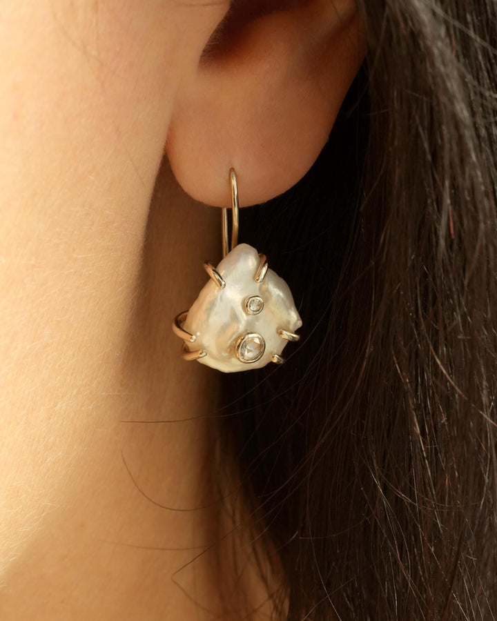 White Pearl and Clear Diamond Dangling Earrings