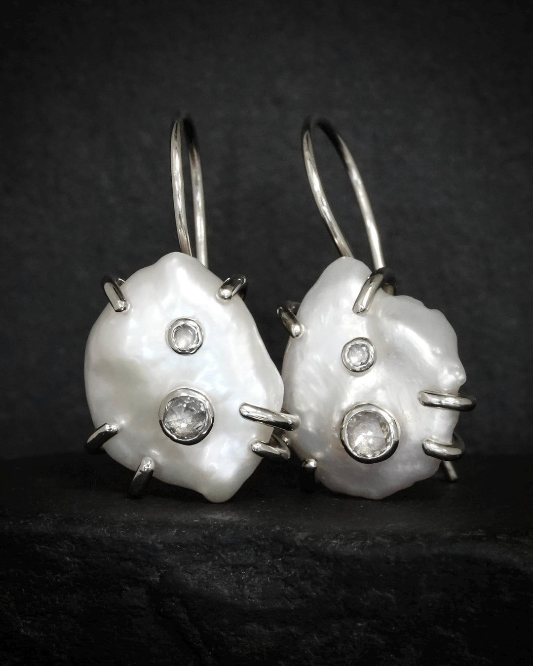 White Pearl and Clear Diamond Dangling Earrings