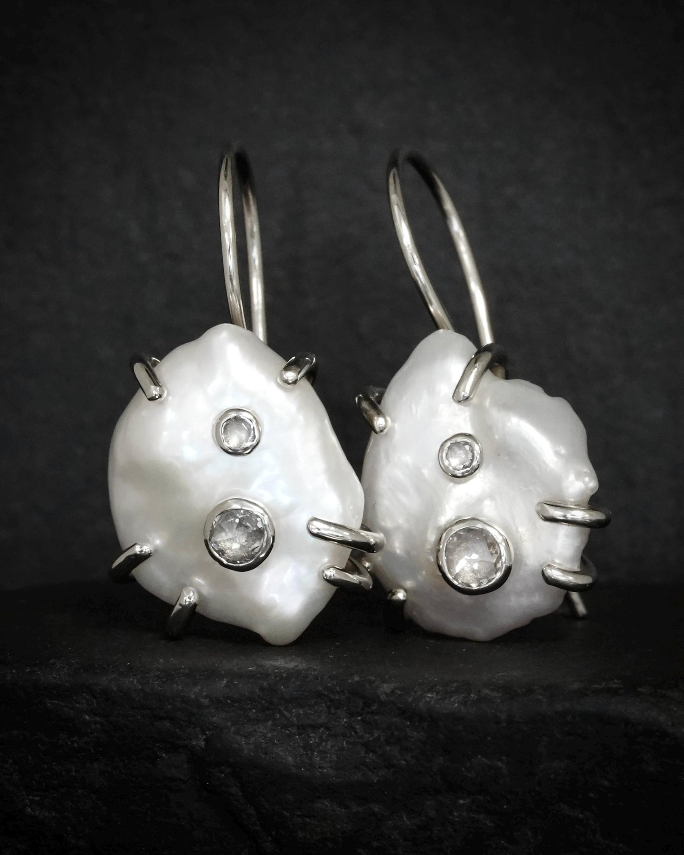 White Gold Baroque Pearl and Diamond Drop Earrings