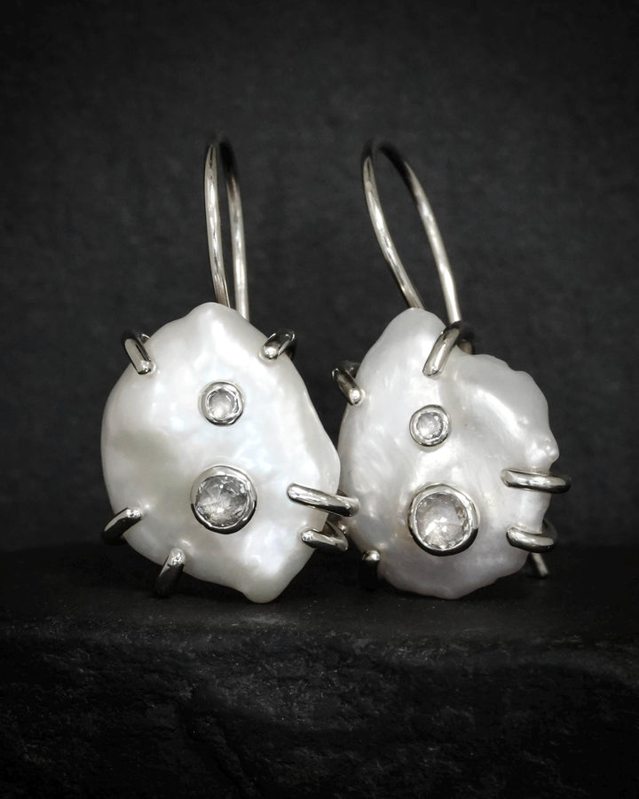 White Pearl and Clear Diamond Dangling Earrings