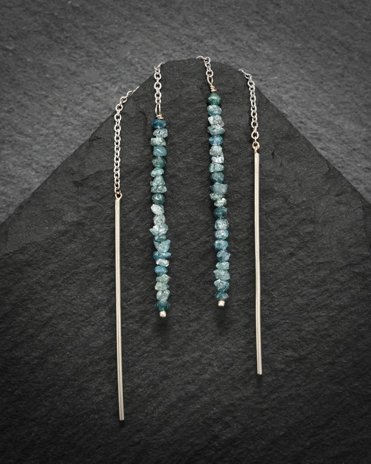 White Gold Raw and Cut Blue Diamond Thread Earrings