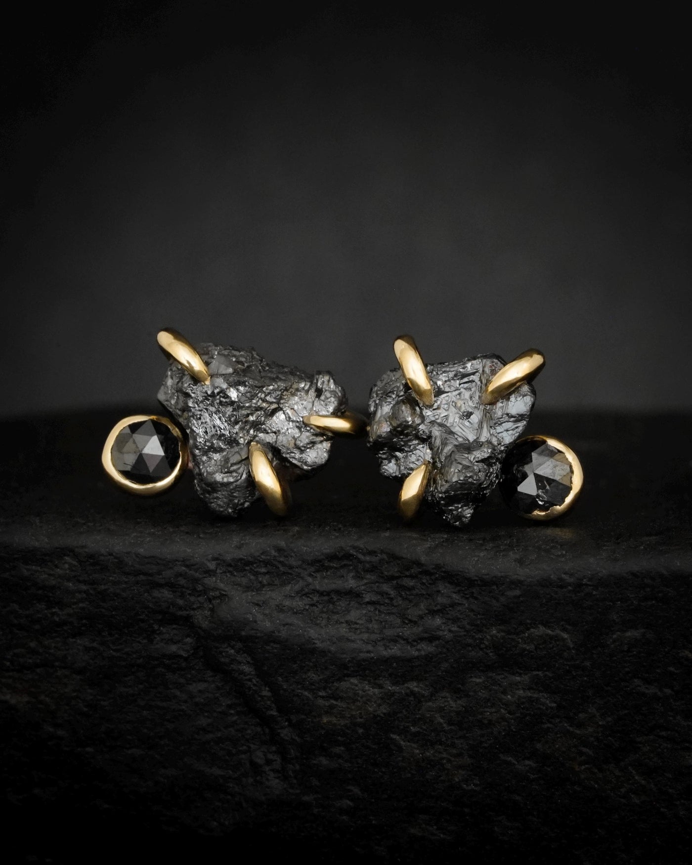 Yellow Gold Raw and Cut Black Diamond Studs