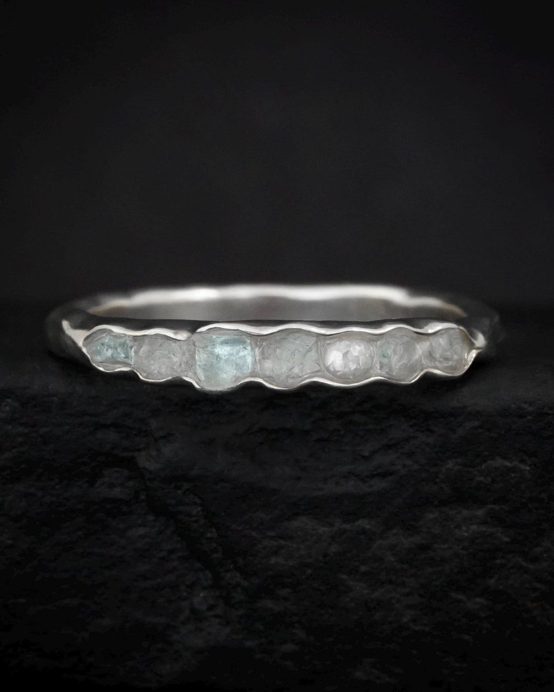 THE ONE. Raw Aquamarine and Diamond Ring. Rustic Solid Gold or Silver Uncut Natural Aquamarine Alternative Stacking Wedding Milestone Band