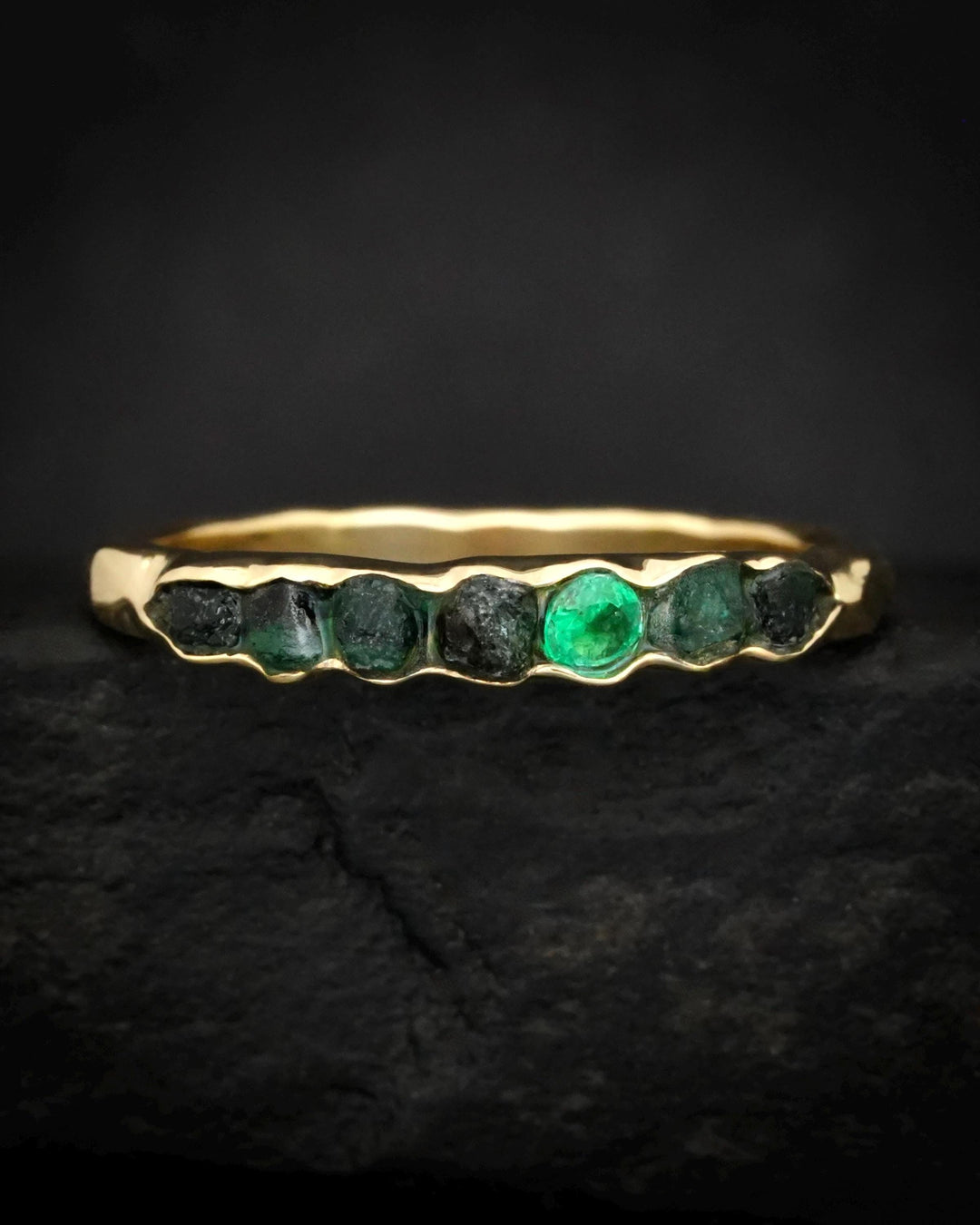 THE ONE. Raw Emerald Ring. Rustic Solid Gold or Silver Uncut Natural Green Emerald Alternative Stacking Wedding Milestone Band