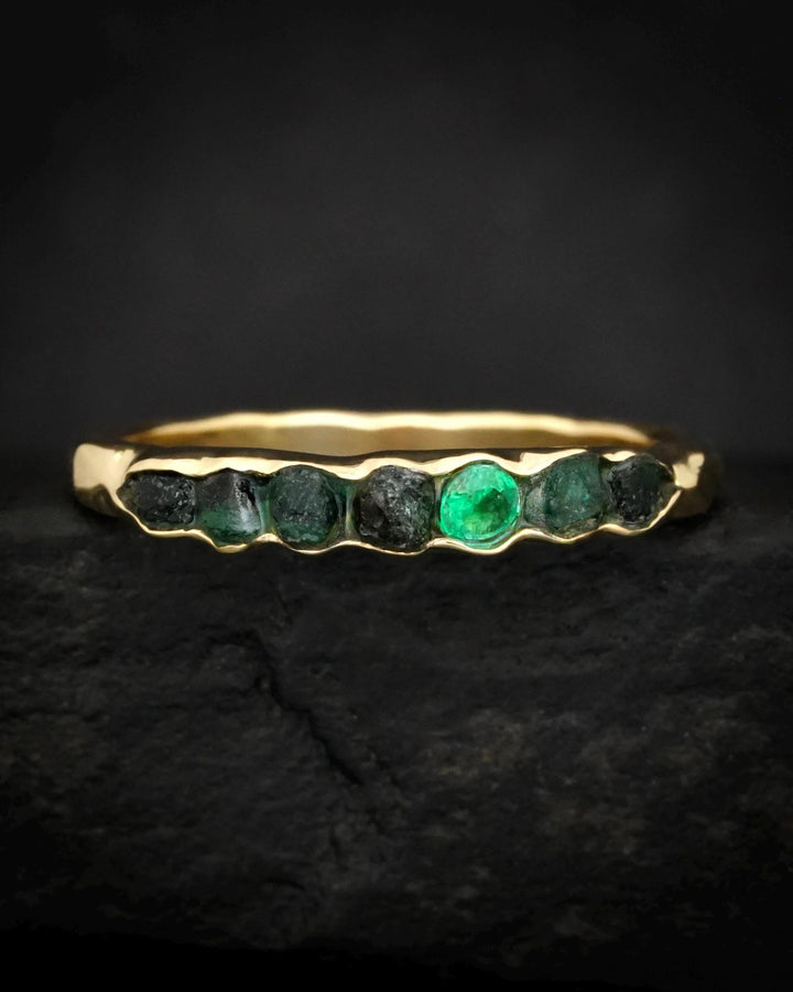 THE ONE. Raw Emerald Ring. Rustic Solid Gold or Silver Uncut Natural Green Emerald Alternative Stacking Wedding Milestone Band