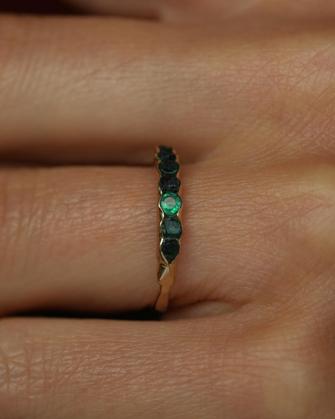 THE ONE. Raw Emerald Ring. Rustic Solid Gold or Silver Uncut Natural Green Emerald Alternative Stacking Wedding Milestone Band