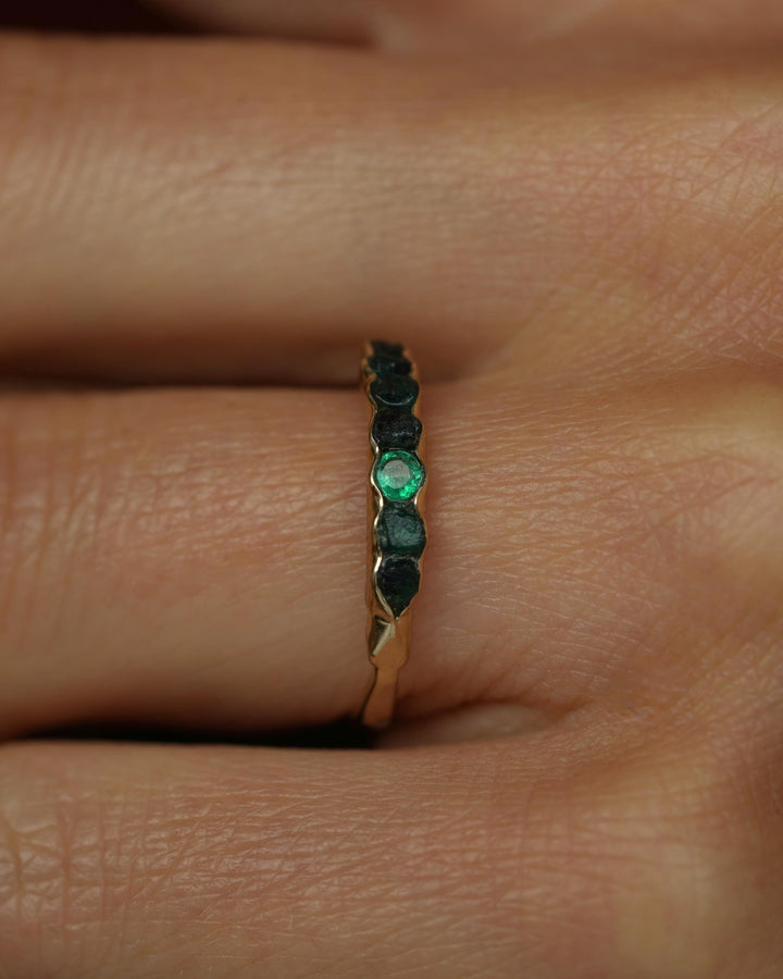 THE ONE. Raw Emerald Ring. Rustic Solid Gold or Silver Uncut Natural Green Emerald Alternative Stacking Wedding Milestone Band