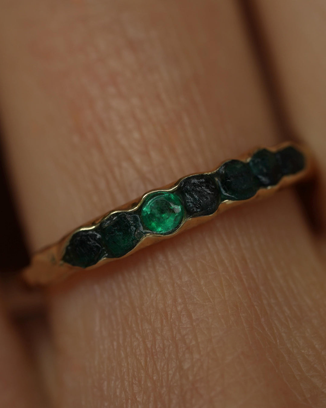 THE ONE. Raw Emerald Ring. Rustic Solid Gold or Silver Uncut Natural Green Emerald Alternative Stacking Wedding Milestone Band