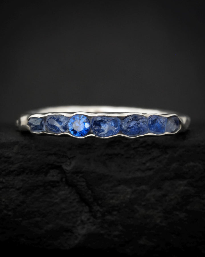 THE ONE. Raw Sapphire Ring. Rustic Solid Gold or Silver Uncut Natural Blue Sapphire Alternative Stacking Wedding Milestone Band