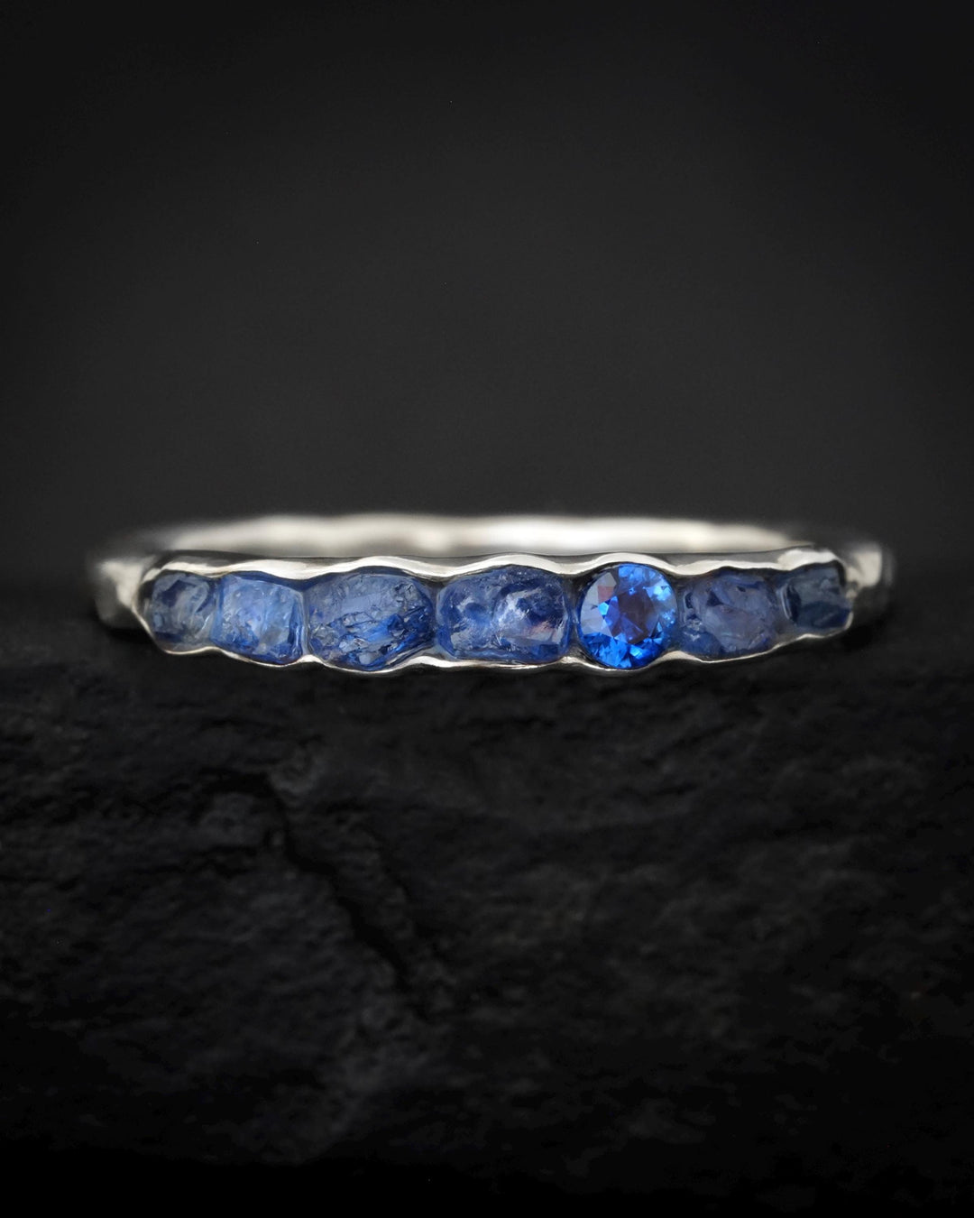 THE ONE. Raw Sapphire Ring. Rustic Solid Gold or Silver Uncut Natural Blue Sapphire Alternative Stacking Wedding Milestone Band