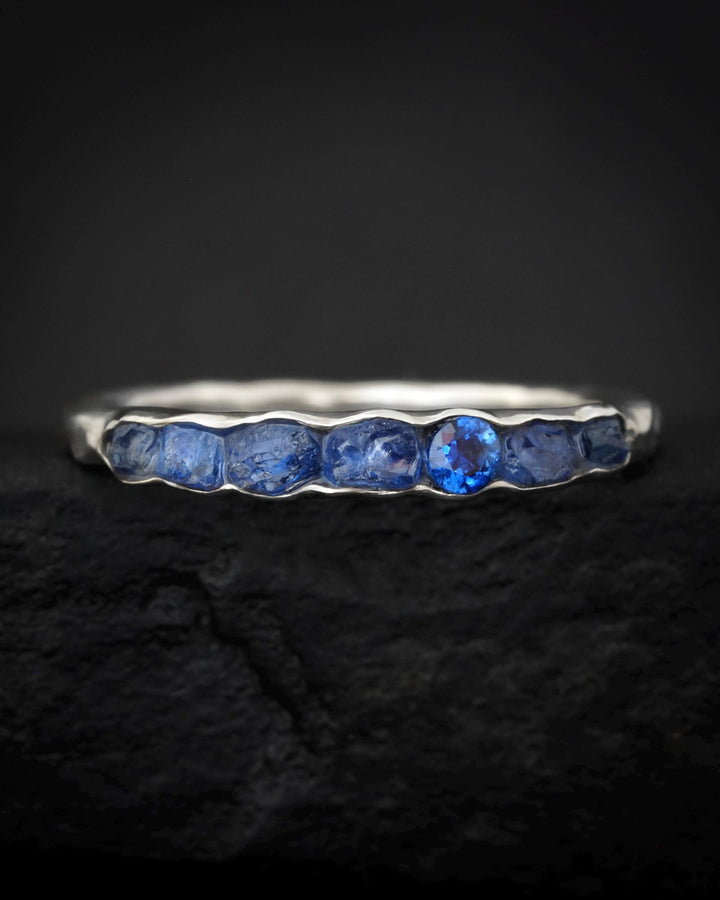 THE ONE. Raw Sapphire Ring. Rustic Solid Gold or Silver Uncut Natural Blue Sapphire Alternative Stacking Wedding Milestone Band