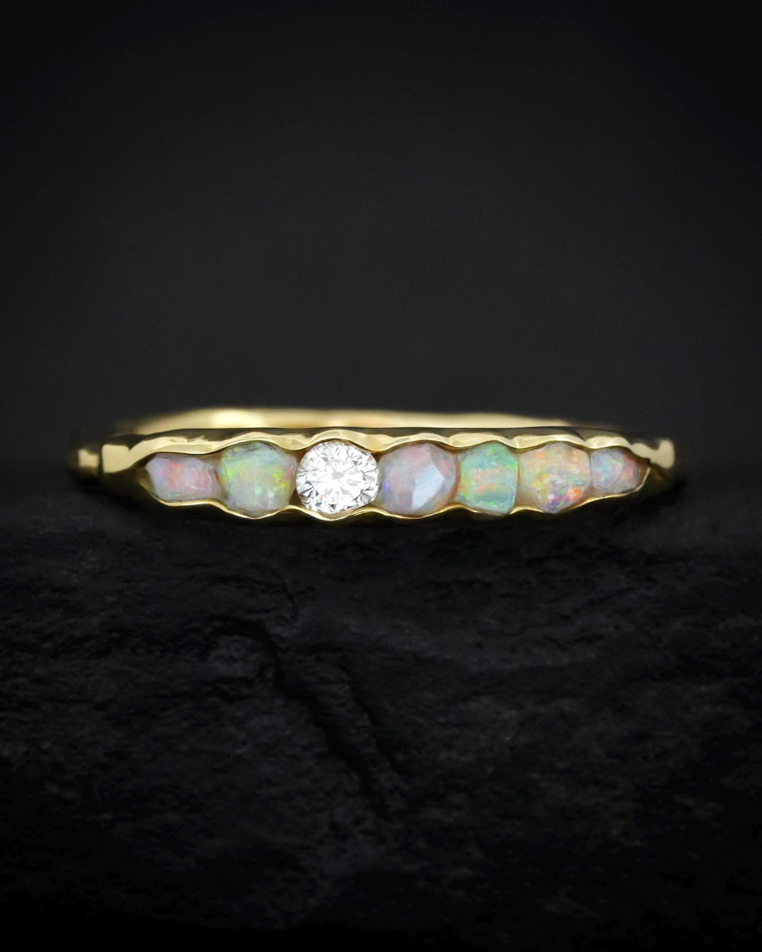 THE ONE. Raw Opal and Diamond Ring. Rustic Solid Gold or Silver Uncut Natural Australian Opal Alternative Stacking Wedding Milestone Band